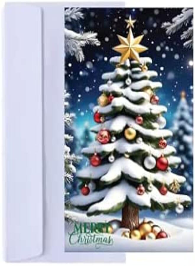Christmas Holiday Greeting Card with Snowy Tree Design, Winter Scene Artwork, Festive Decorations, Merry Christmas Theme SIZE(27X19).